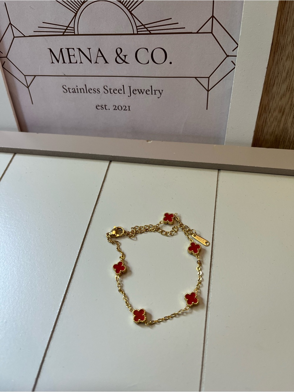 Gold-tone Stainless Steel Red Small Clover Bracelet